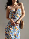 Chic Floral Pleated Summer Dress with Drawstring & Spaghetti Straps