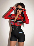 Front detail of stand collar zipper racing number graphics and red shoulder panels