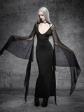 Black gothic long dress with deep V neckline and extended sheer batwing sleeves