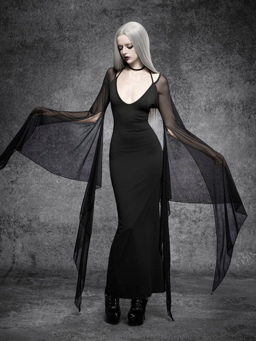Black gothic long dress with deep V neckline and extended sheer batwing sleeves