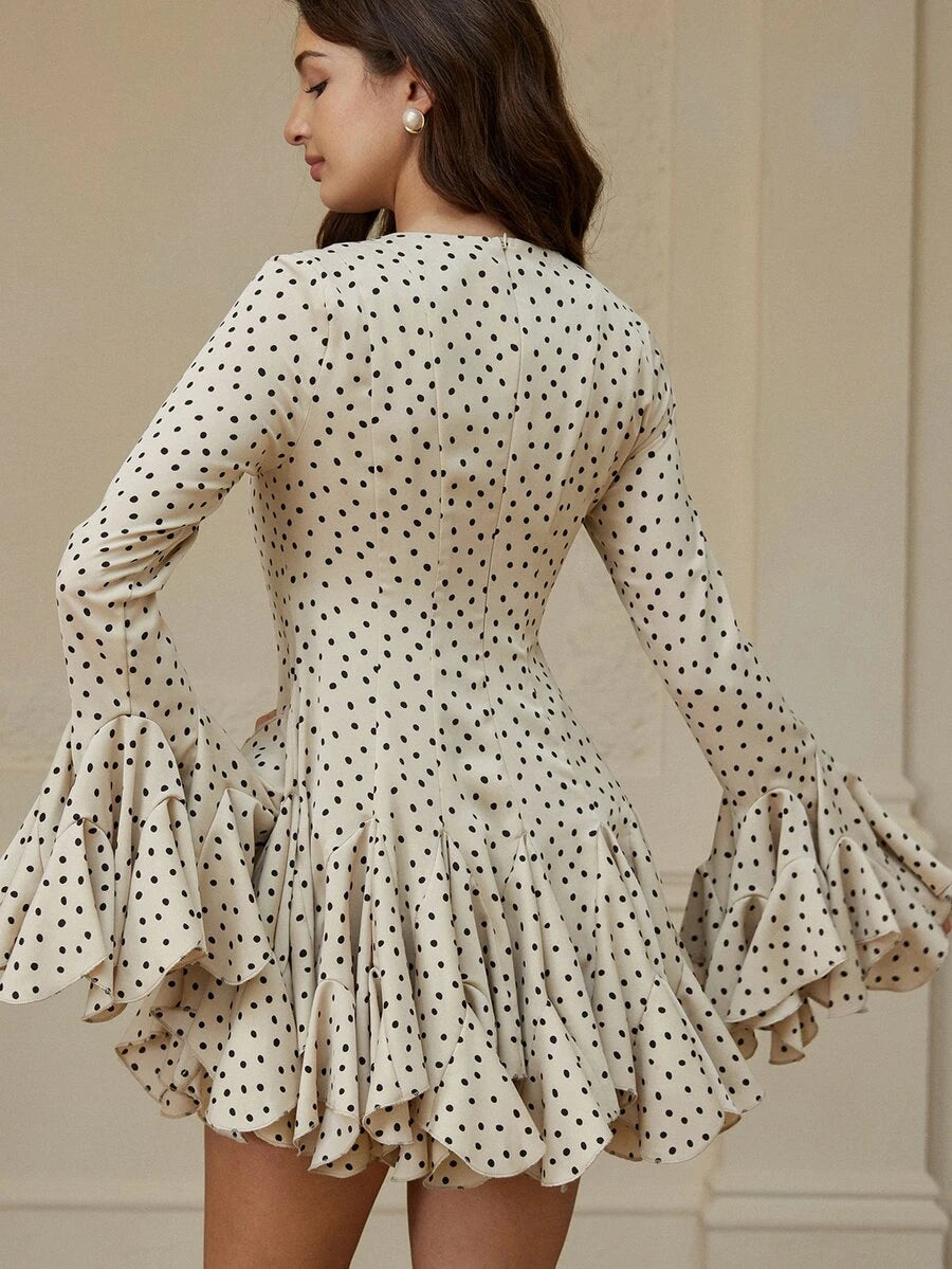 Chic Black and Beige Polka Dot Ruffle Mini Dress for Autumn - Perfect for Tea Parties, Brunches, and Date Nights 