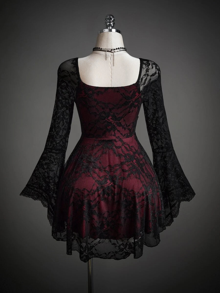 Front view of burgundy black floral lace skater dress with square neck and bell sleeves