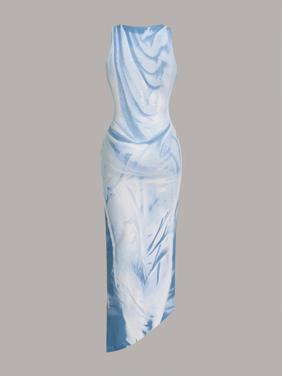 Full front view of silver gray marbled sleeveless fitted maxi dress