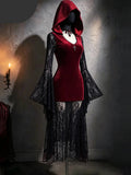 Angled front view of burgundy velvet hooded dress with layered black lace skirt