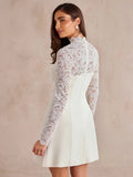 Make a graceful entrance in this ivory lace sleeve mini dress, shown across the image set with a softly flared A-line skirt and a neatly fitted bodice.