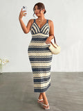 upper front view of colorblock striped sleeveless knit midi dress