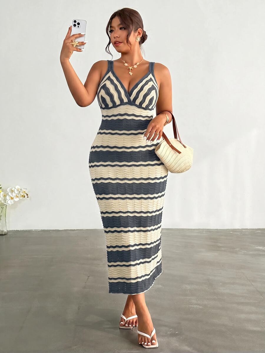 upper front view of colorblock striped sleeveless knit midi dress