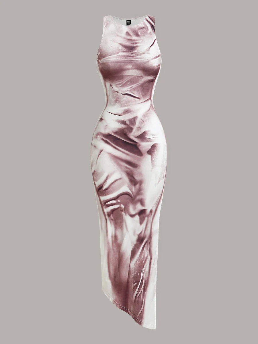 Front product view of mauve purple marbled sleeveless maxi dress