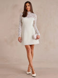 Full front view of ivory long sleeve lace mini dress with short A-line skirt