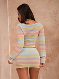 Full front view of multicolor striped deep V knit cardigan and matching mini skirt set