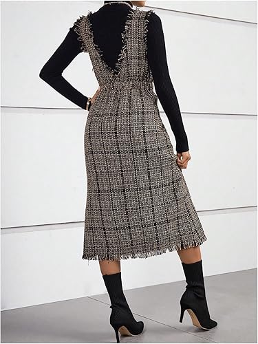 Chic Plaid Print Overall Dress with Raw Trim - Effortless Style for Every Occasion