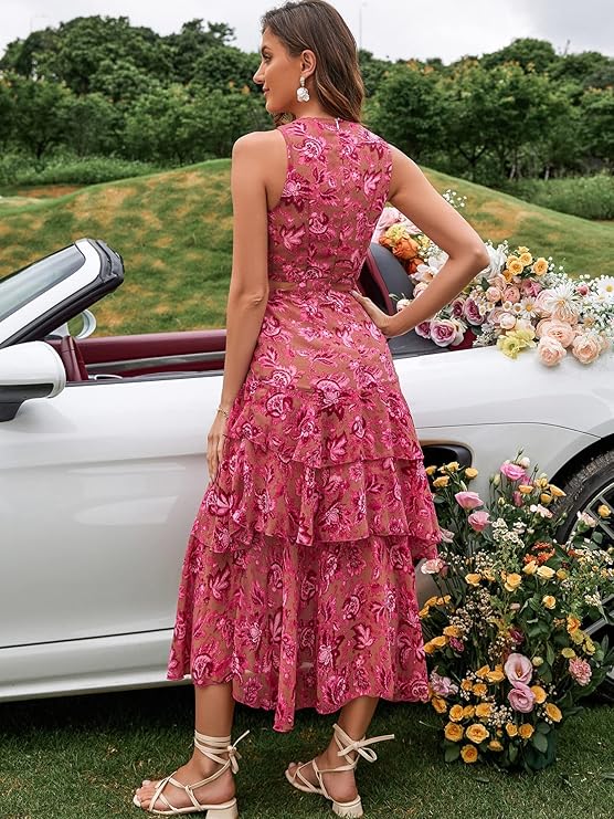 This feminine dress features a chic Rosie floral design on airy chiffon fabric, accented with a ring linked cut-out and layered hem. Perfect for a stylish and sophisticated look with a touch of whimsy.