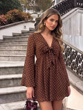 Brown polka dot bell sleeve mini dress back view