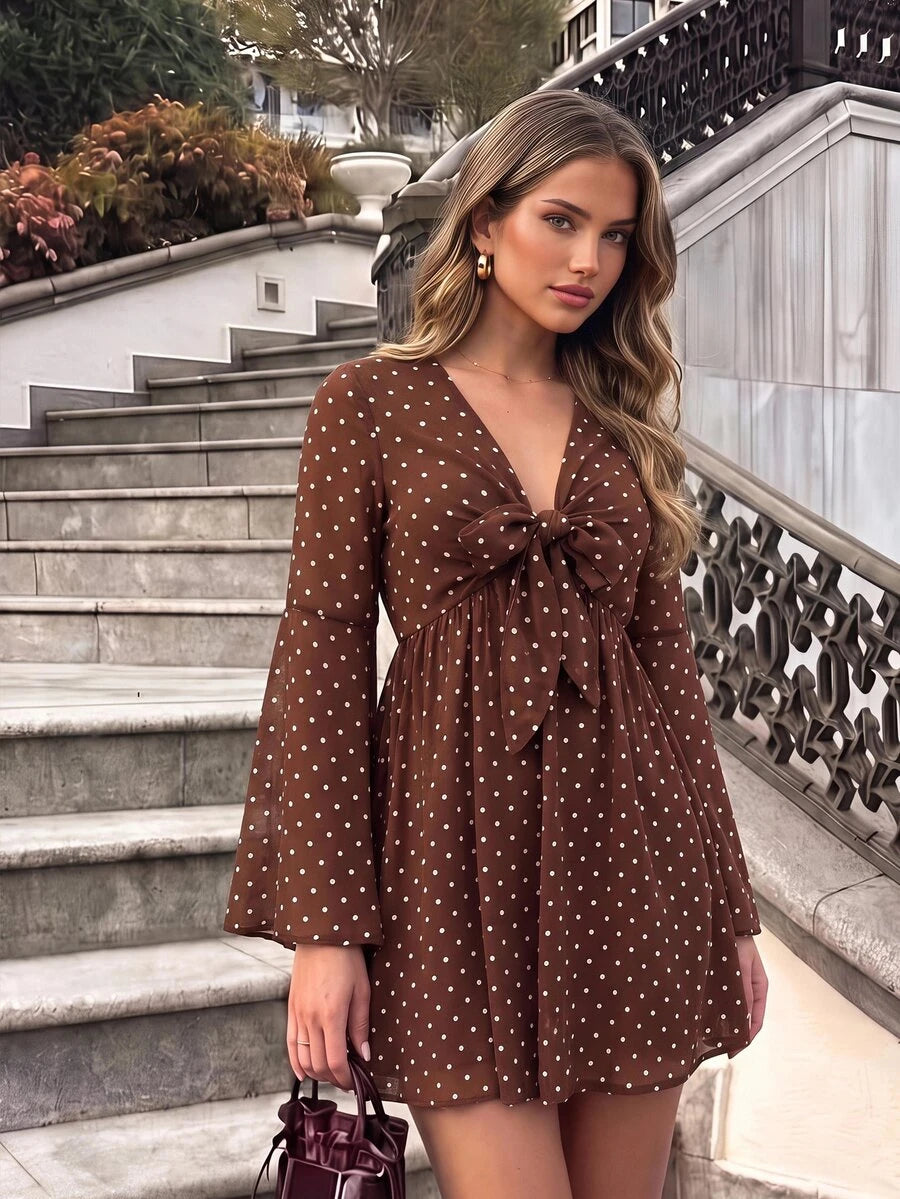 Brown polka dot bell sleeve mini dress back view