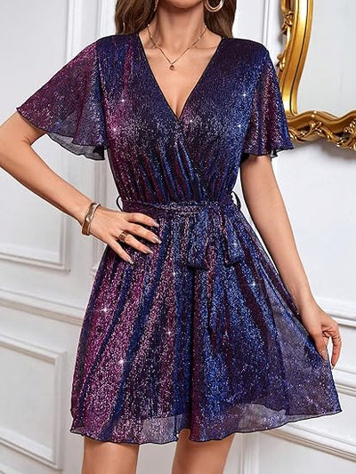 Sparkle and Shine: Glitter Party Dress with Surplice Neck and Belt