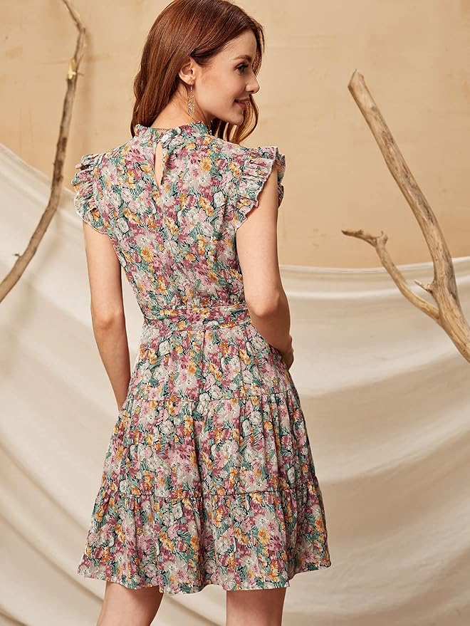 Elevate your vacation wardrobe with our Vibrant Vacation: Floral Print Ruffle Hem Belted Dress. The vibrant floral print and flattering ruffle hem add a touch of femininity, while the belted waist cinches your figure for a stunning silhouette. Perfect for a day at the beach or a night out on the town.