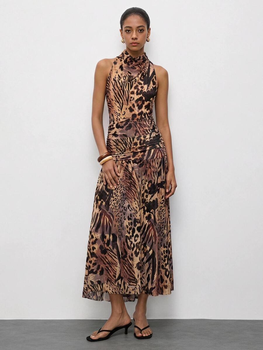 Brown Zebra Print Fitted Maxi Dress for Summer Vacations and Night Out