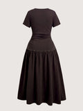 Back view of dark brown midi dress with gathered waist and flared pleated skirt