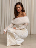 Front view of ivory floral mermaid maxi dress with plush off-shoulder faux-fur band