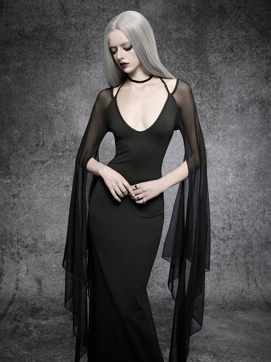 Black gothic maxi dress with deep V neckline and sheer batwing cape sleeves