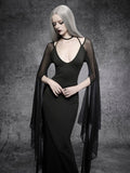 Close view of black bodycon maxi dress with deep V neckline choker band and sheer mesh sleeves