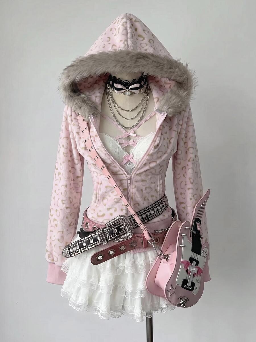 Styled front view of blush leopard faux-fur hood zip-up jacket