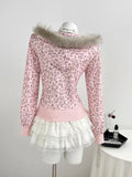 Back view of pink leopard hooded jacket with grey faux-fur trim
