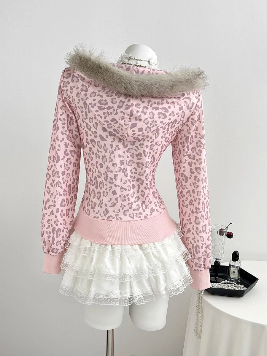Back view of pink leopard hooded jacket with grey faux-fur trim