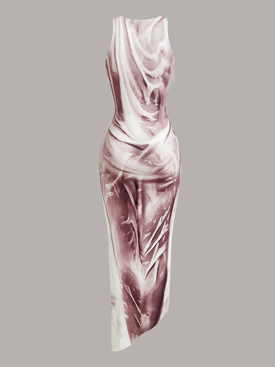 Back product view of mauve purple tie-dye fitted maxi dress