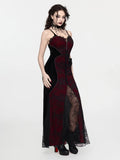 Front view of burgundy and black gothic maxi dress with sweetheart neckline and lace trim