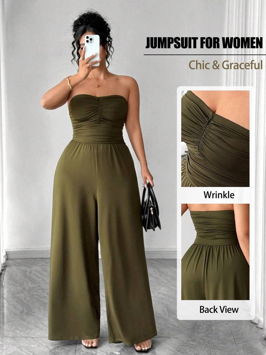 Army-green jumpsuit graphic showing ruched bodice and back view