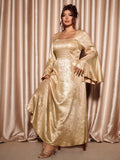 Full front view of gold formal gown with statement flared sleeves