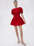 Full front view of red A-line mini dress with sculpted short sleeves