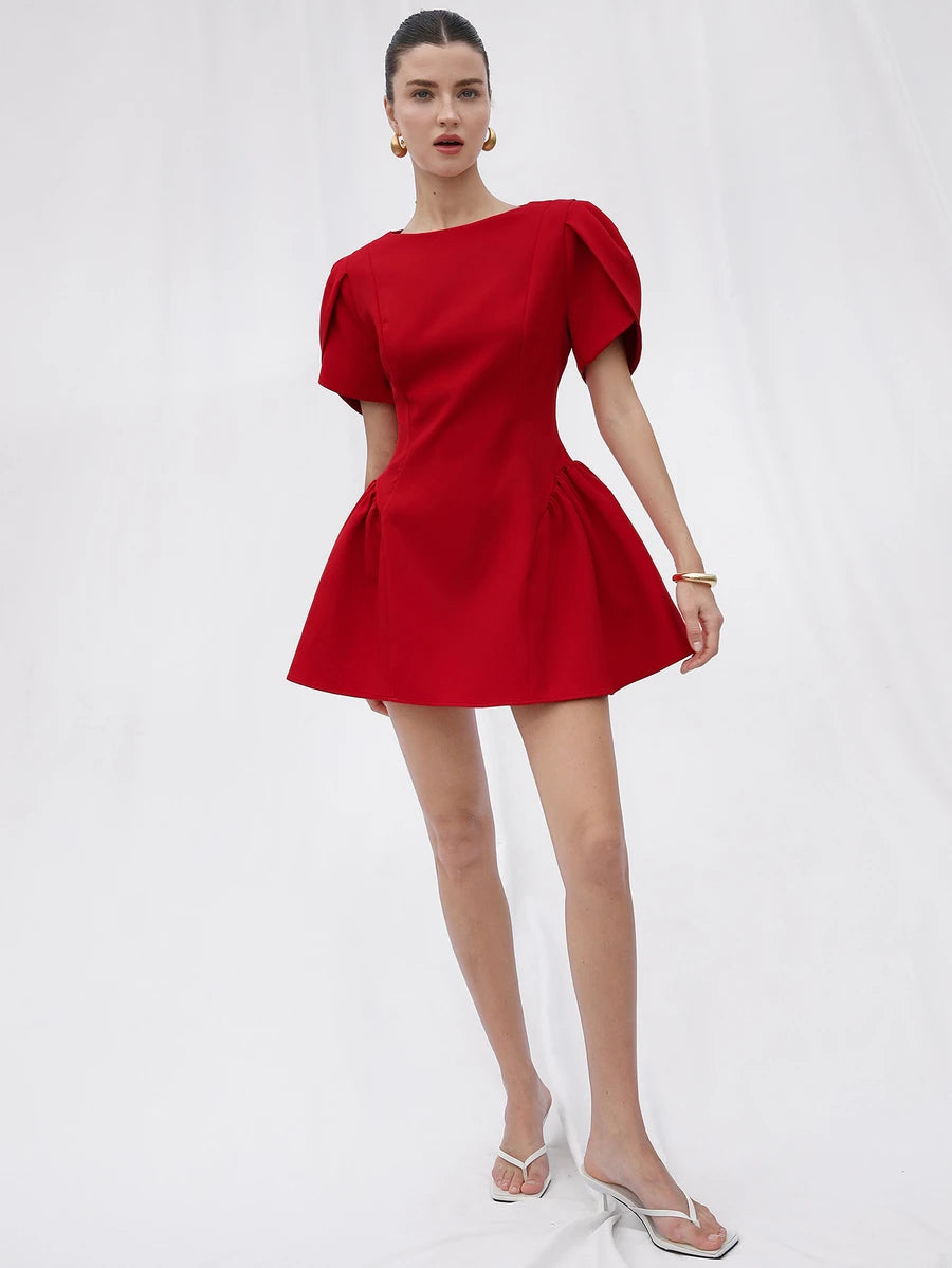 Full front view of red A-line mini dress with sculpted short sleeves
