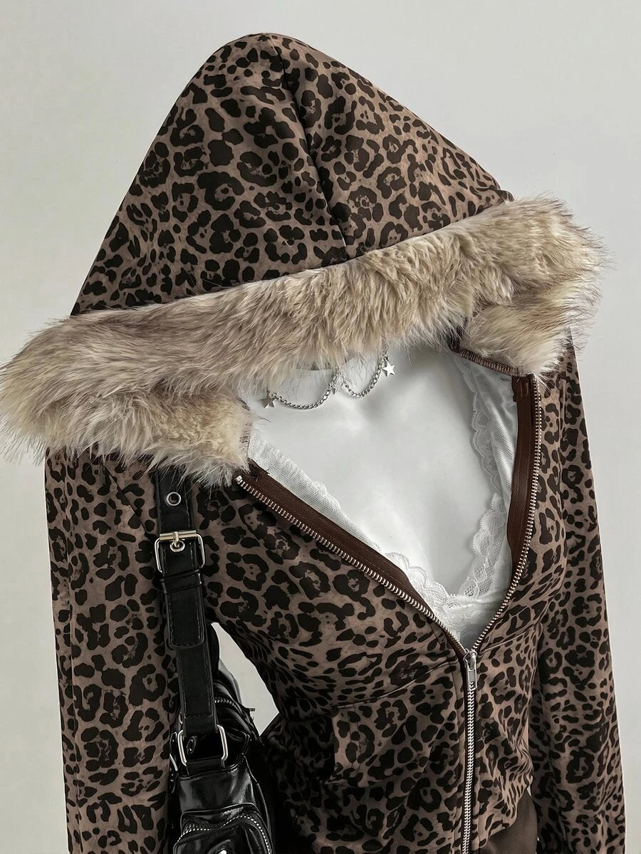 Close detail of brown leopard faux-fur trimmed zip-up hoodie