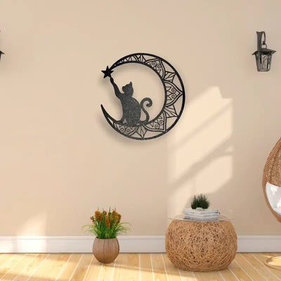 Cat and Moon Metal Art Sculpture: A Whimsical and Elegant Silhouette Decoration for Indoor and Outdoor Spaces