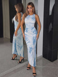Close front view of multicolor tie-dye sleeveless bodycon maxi dress