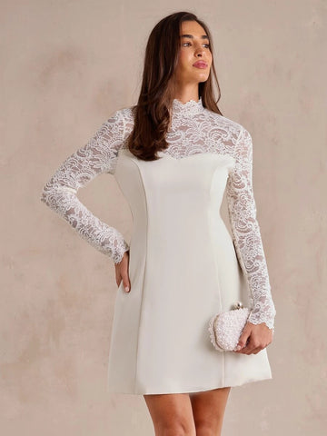 Front view of ivory A-line mini dress with floral lace long sleeves and stand collar