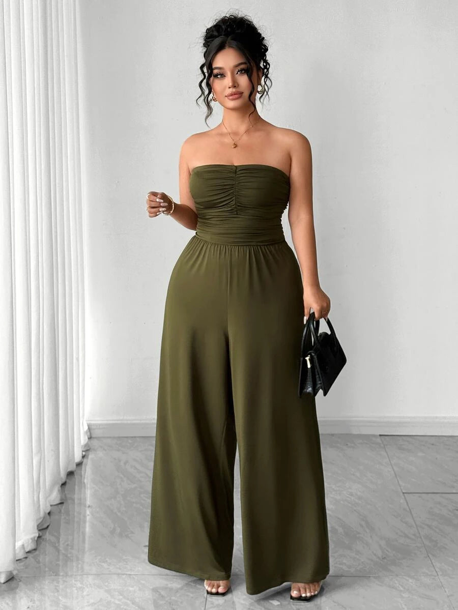 Full front view of army-green strapless wide-leg jumpsuit