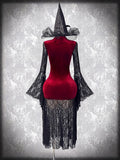 Back view of burgundy velvet gothic maxi dress with black lace skirt