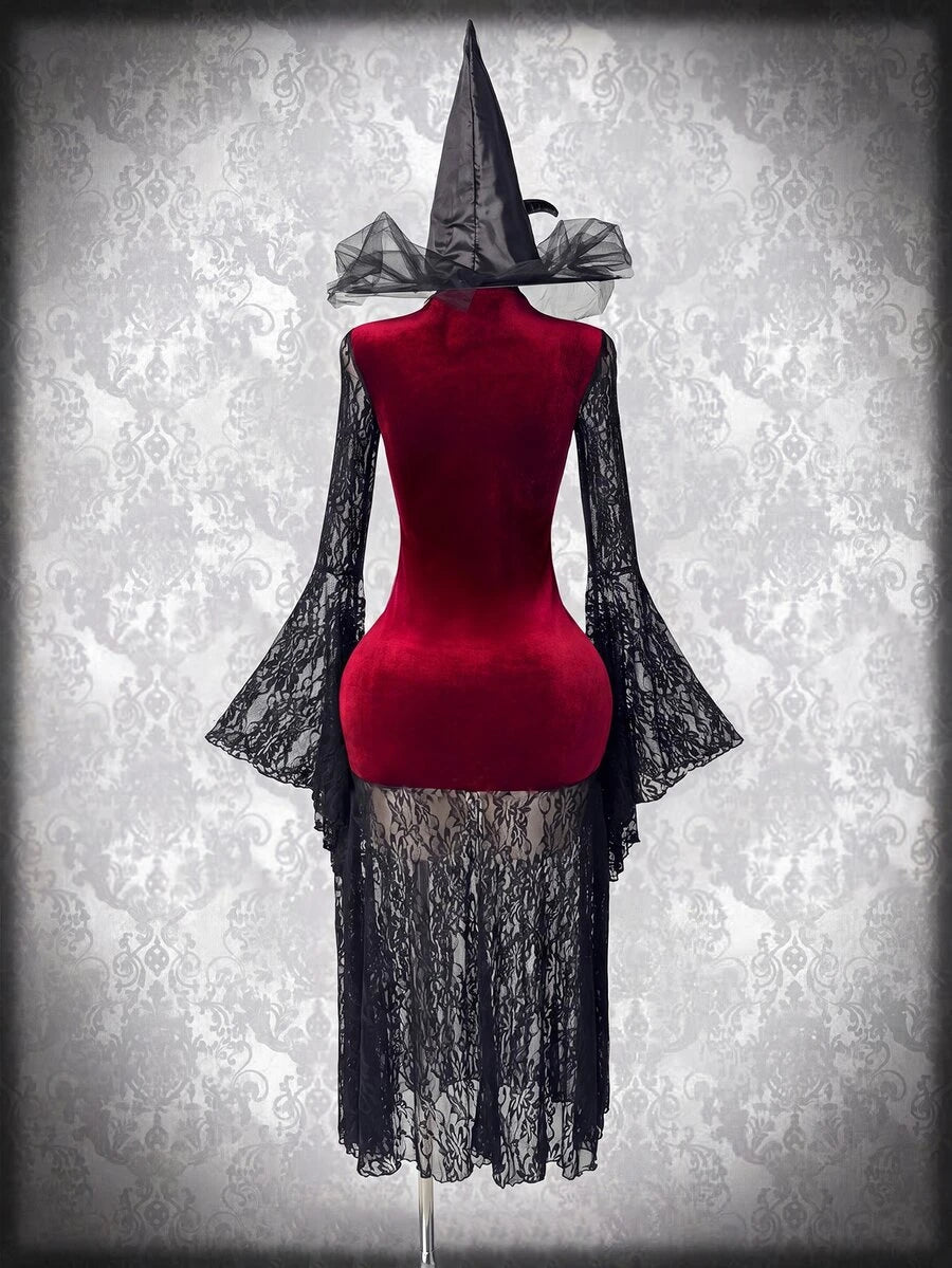 Back view of burgundy velvet gothic maxi dress with black lace skirt