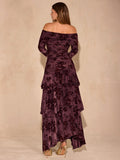 Back view of burgundy floral long sleeve off shoulder maxi dress with layered skirt