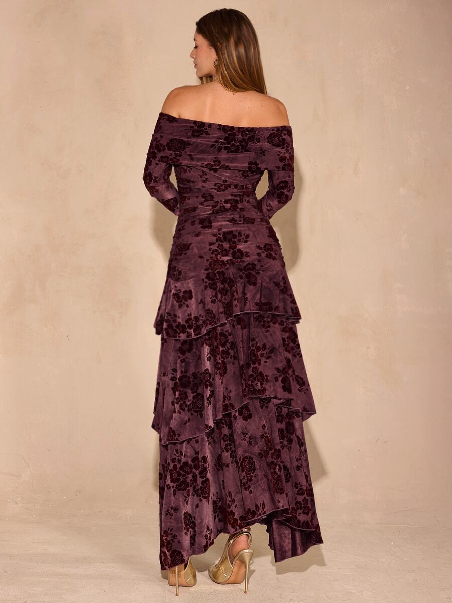 Back view of burgundy floral long sleeve off shoulder maxi dress with layered skirt
