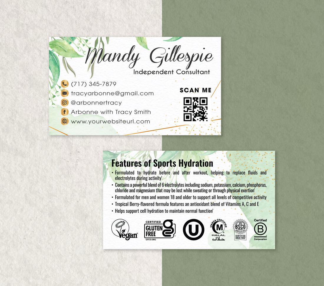 Arbonne Green Watercolor Business Card QR Code, Personalized Arbonne Pure Hydration AB180