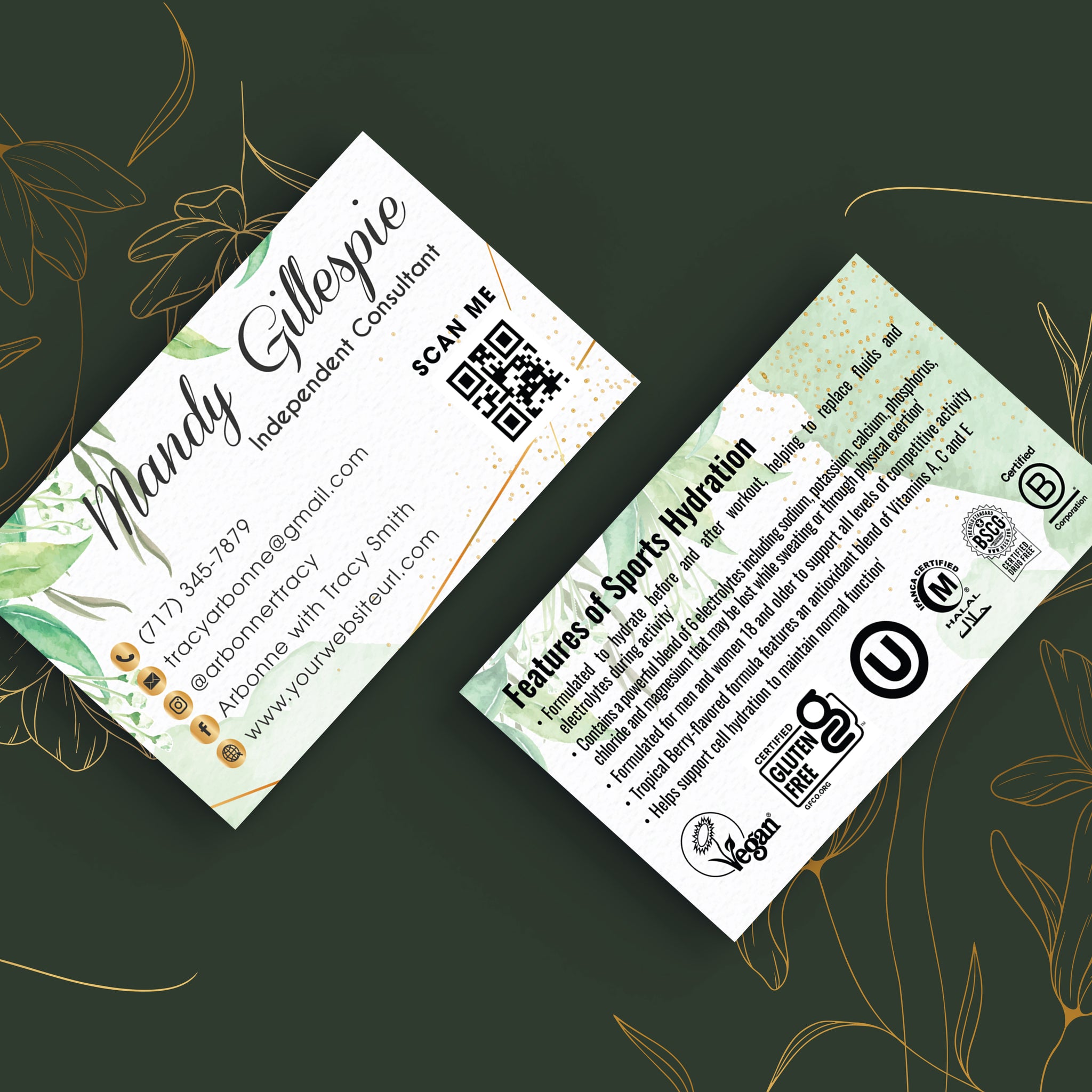 Arbonne Green Watercolor Business Card QR Code, Personalized Arbonne Pure Hydration AB180