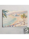 Wall view of pastel coastal beach canvas art with palm trees and ocean near plant
