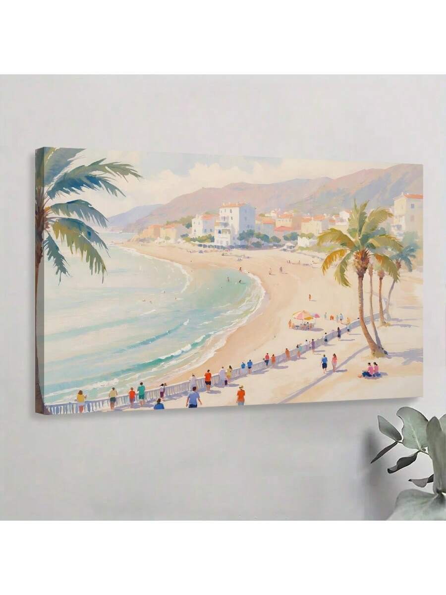Wall view of pastel coastal beach canvas art with palm trees and ocean near plant
