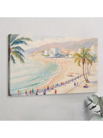 Wall view of pastel coastal beach canvas art with palm trees and ocean near plant