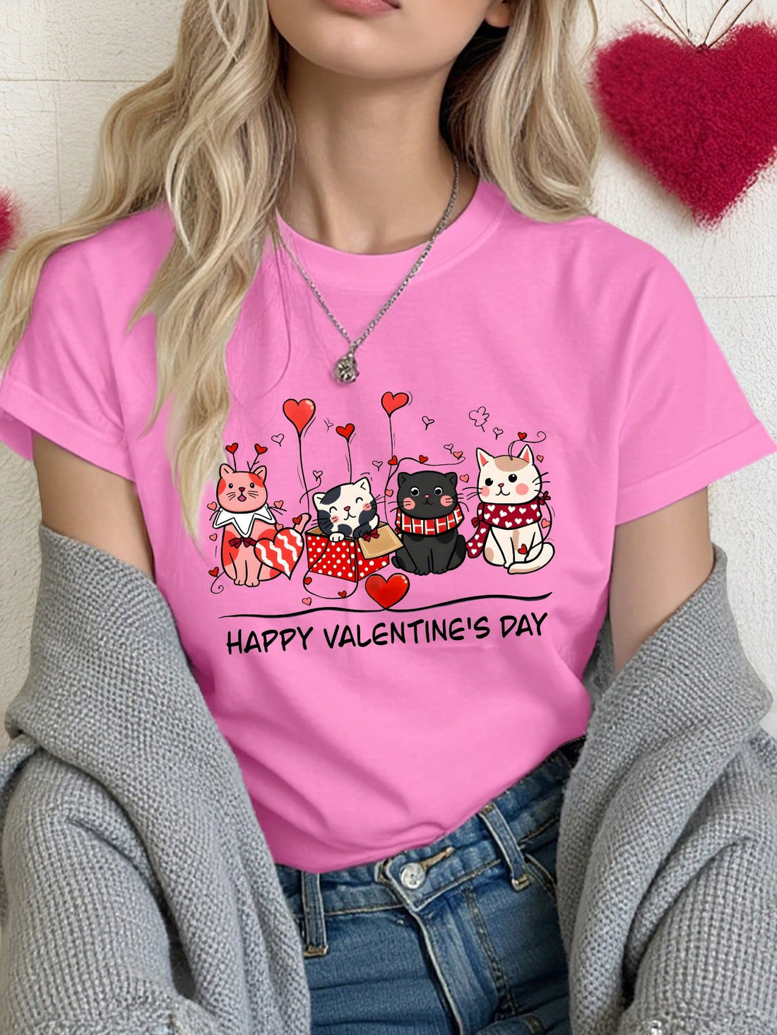 Get your paws on this Adorable Cat Heart Pattern Tee, purrfect for Valentine's Day! With a playful crew neck design and cute cat print, this tee is the cat's meow. A must-have for any feline fanatic.