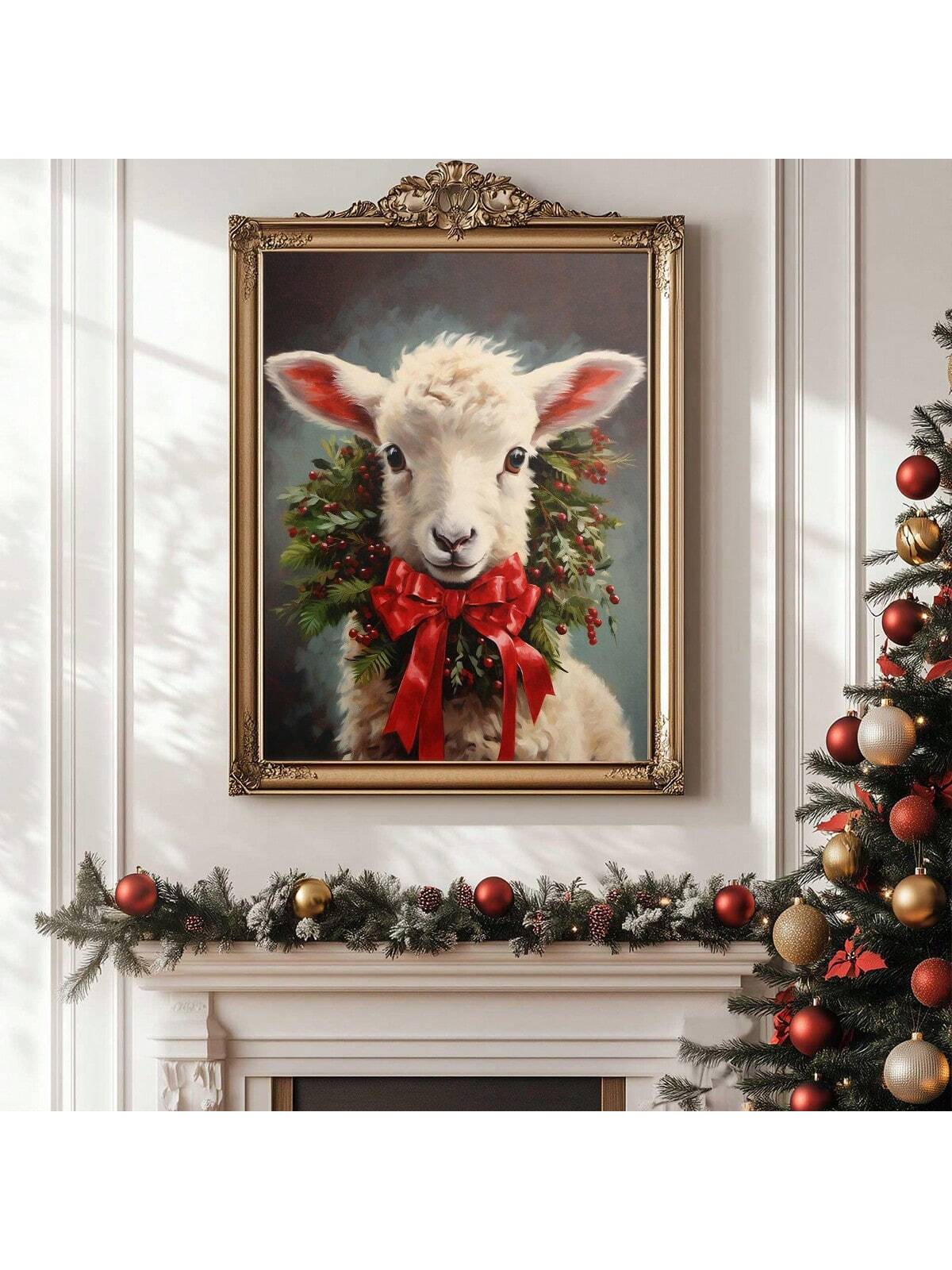 Bring a touch of whimsy to your holiday décor with this Adorable Christmas Lamb Canvas Wall Art. Featuring a charming lamb wrapped in a festive holly wreath and ribbon, this frameless piece adds cozy cheer to any bedroom or hallway. Its playful design captures the joyful spirit of Christmas, making it the perfect accent to brighten your home during the season.